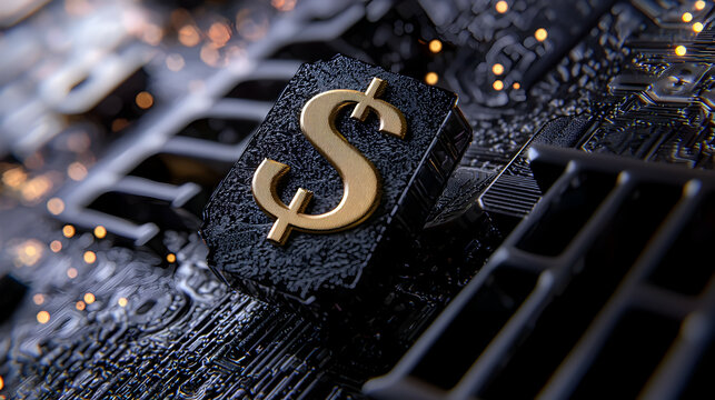 A golden dollar sign rests upon an electronic circuit board