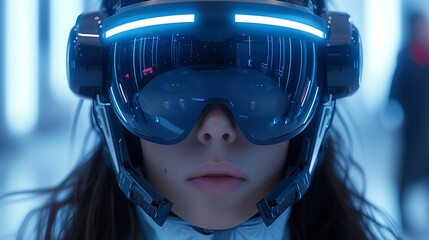 A person wearing a futuristic virtual reality headset with glowing blue lights explores a digital world up close