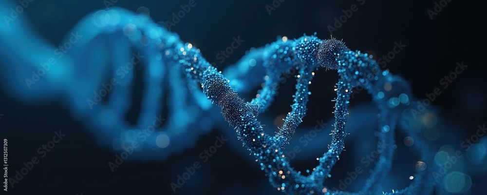 Poster a blue dna strand helix is on a black background. the strand consists of many small dots representin