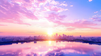 Pink And Purple Sunset Over City Reflection