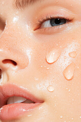 Close up of woman cheek with water droplets symbolizing freshness and hydration, highlighting smooth skin texture and natural beauty