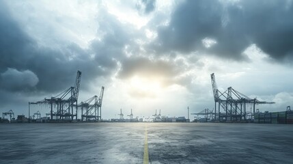 Obraz premium Industrial Dock with Cranes Under Dramatic Cloudy Sky at Sunset