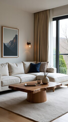 modern living room japandi style features live edge coffee table beside corner sofa