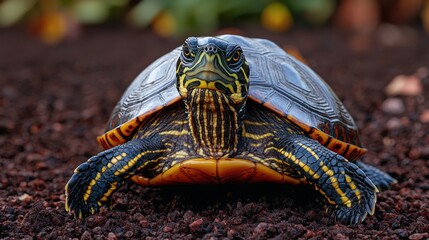 Close-up image of a turtle resting on the ocean floor surrounded by colorful marine life