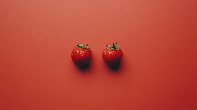 Two strawberries on red backdrop, minimalist food blog header or recipe card illustration