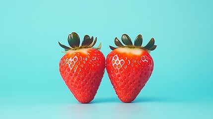 Two strawberries sit together against a blue background, useful for health and food blog posts