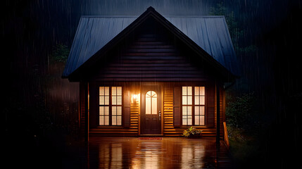 A small cozy cabin with warm lights during a rainstorm