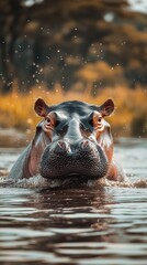 Fototapeta premium Hippo swimming in water at sunset, showcasing its large size and playful demeanor near the riverbank in Africa