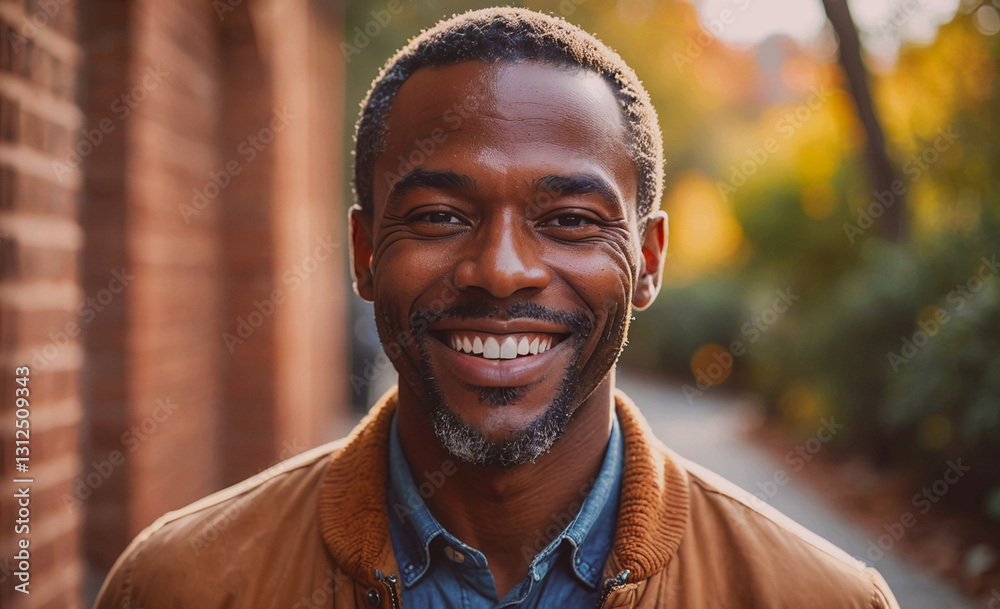 Poster man with a beard and a smile is standing in front of a brick wall. he is wearing a brown jacket and 