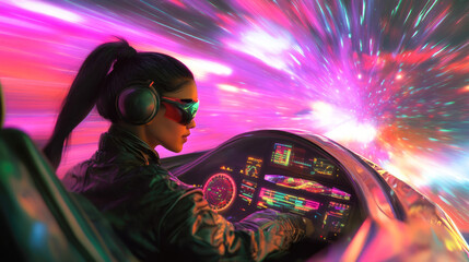 Female pilot navigating futuristic spacecraft through vibrant hyperspace