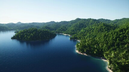 Aerial view of tropical islands, lush forests, and pristine beaches