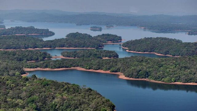 Aerial view of the beautiful lush green and backwaters of Sharavathi river in Sagar Taluk of the Karnataka state, India near Sigandur Chowdeshwari Temple.