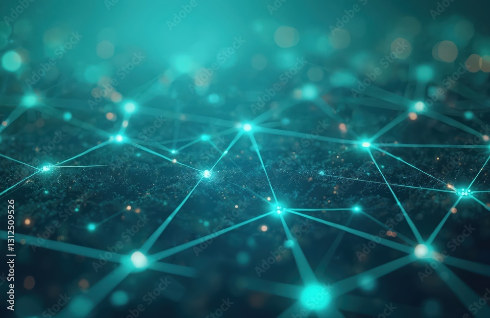 Fototapete Abstract geometric network pattern of thin turquoise lines on blue green background. Futuristic tech design with nodes, connections. Modern digital wallpaper, elegant texture. Tech or science concept.