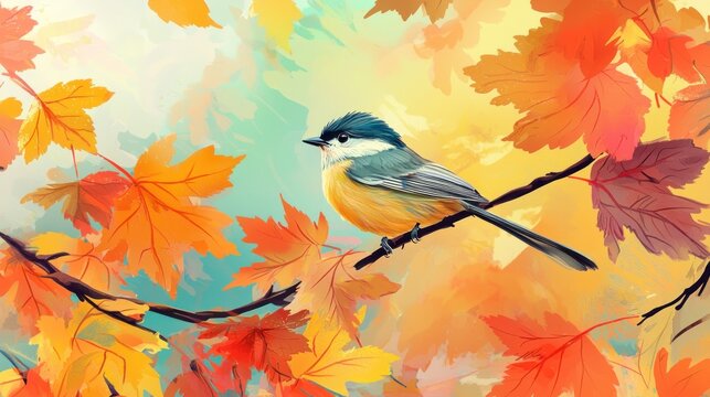 a tit bird sits among colorful maple leaves in an autumn park