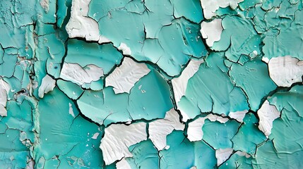 Obraz premium A background with a cracked, peeling paint texture in shades of turquoise and white.