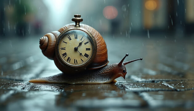 Snail with clock instead of shell sits on wet city sidewalk in rain. Concept of time, slow movement, patience, life, progress. Surreal art photo of wildlife in urban environment.