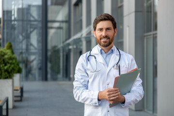 Smiling positive male doctor in lab coat looking determined