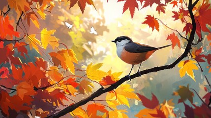 a tit bird sits among colorful maple leaves in an autumn park