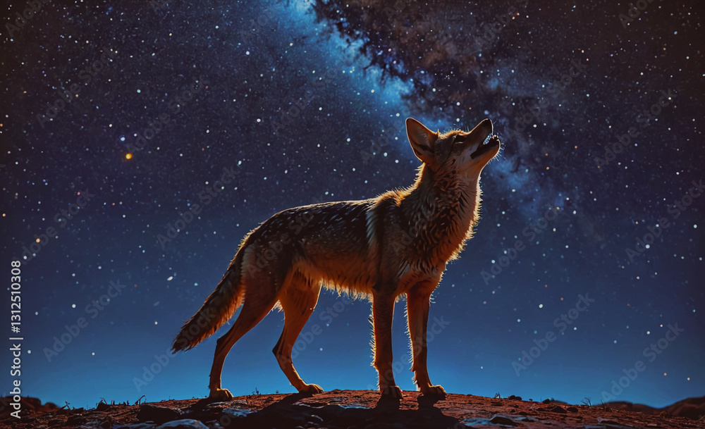 Poster wolf is standing on a hillside and looking up at the sky. the sky is filled with stars and the moon 