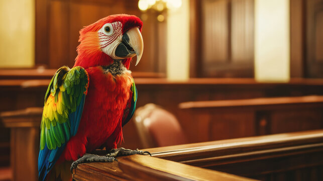 Colorful parrot perched in empty courtroom with wooden details