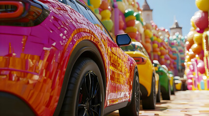 Pink And Yellow Cars Parked In Front Of Candy Balloons