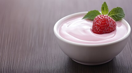 Yogurt topped with strawberry & mint on table, use for diet, recipe, desserts or wellness blog