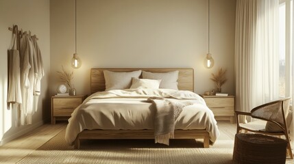 A comfortable bedroom interior featuring a bed with soft bedding