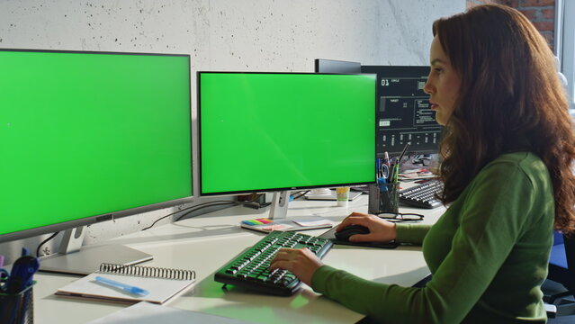 IT woman working mockup computer in center closeup. Serious programer coding