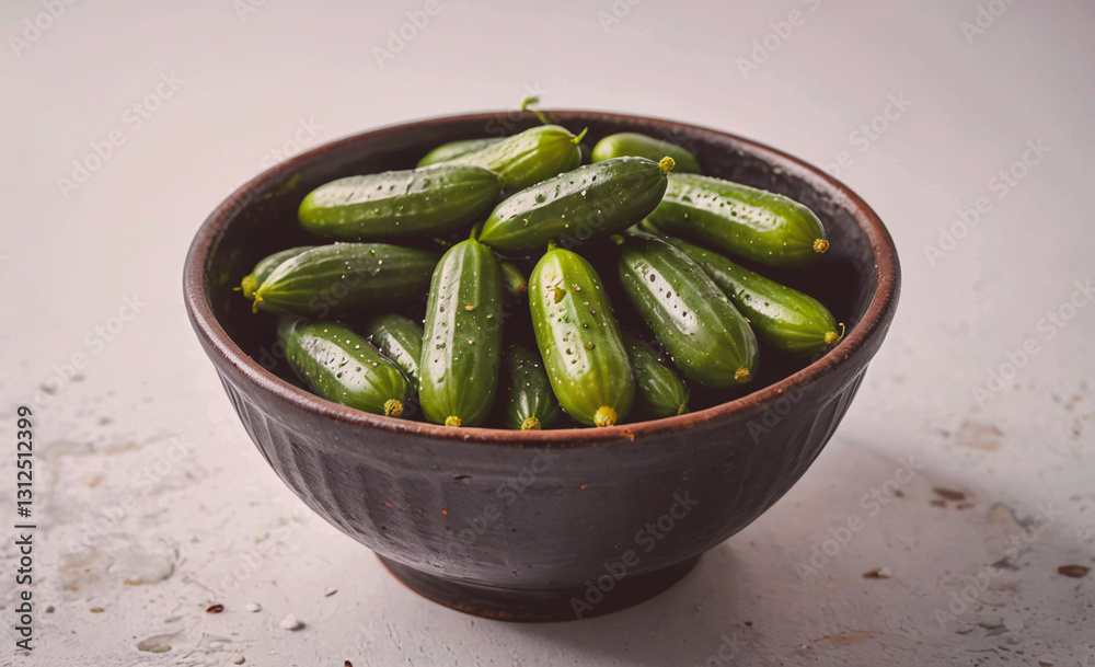 Poster bowl of cucumbers is sitting on a white table. the cucumbers are green and appear to be fresh. the b