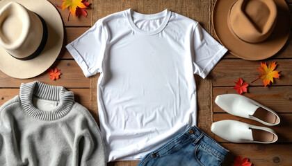 White T-shirt mockup flat lay. Blank shirt template among fall accessories, autumn leaves. Trendy seasonal aesthetic on rustic wooden background. Customizable apparel for fashion design, clothing