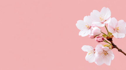 Fototapeta premium Soft pink cherry blossoms on branch against pastel pink background, perfect for text space