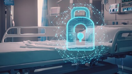 Digital Lock Over Hospital Bed Symbolizing Health Data Security, Patient Protection, and Advanced Medical Technology in Healthcare
