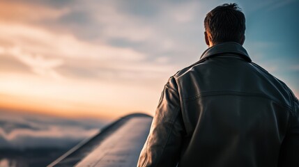 Man in leather jacket stands on airplane wing, gazing at sunset over clouds, inspiring adventure