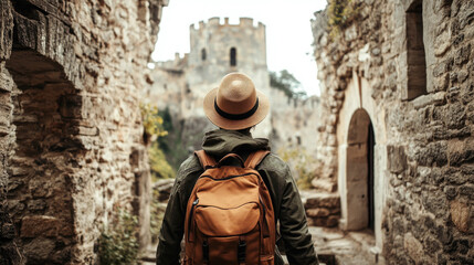 Young caucasian male exploring ancient stone castle with backpack and hat