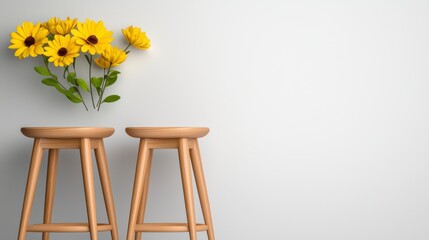 Two stools with sunflowers in a modern kitchen interior featuring a blank white wall
