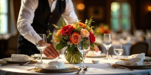 A waiter carefully places a centerpiece on a wedding table ,  job,  napkin
