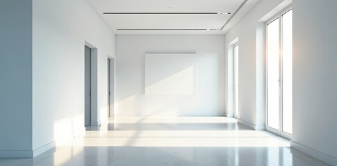 Obraz premium Bright white hallway, large meeting room window visible, white, interior design, stark