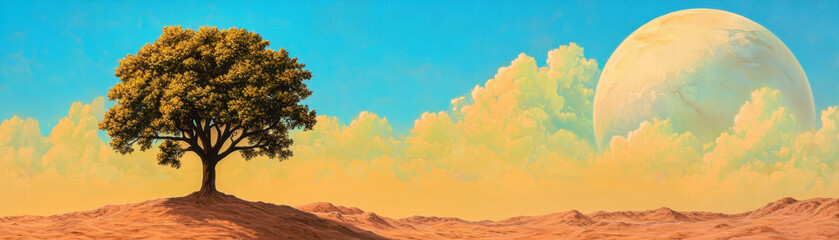 Fototapeta premium surrealistic landscape featuring solitary tree against vibrant sky with clouds and large celestial body