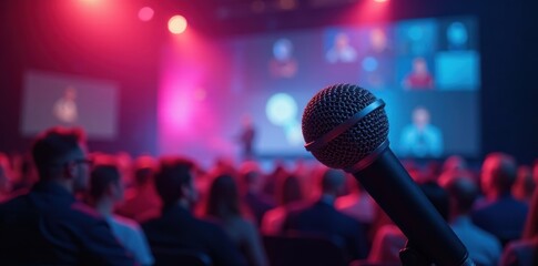 Close-up microphone, blurred seminar background, recording, podium, professional
