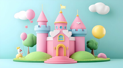 Pink Cartoon Castle with Duck and Balloons on Green Hills