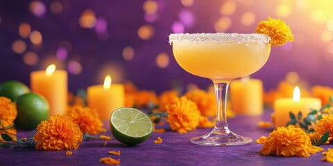 Colorful margarita cocktail garnished with marigold petals and lime on a festive table surrounded by candles and flowers