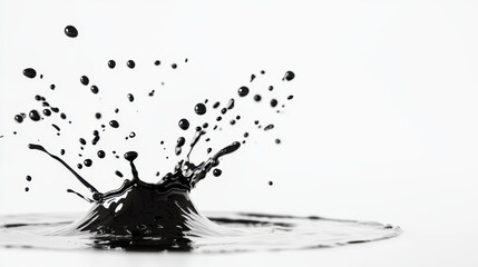 Black ink splash creating dynamic droplets on white background, showcasing fluid motion and contrast
