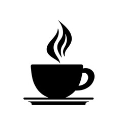 Minimalist black silhouette of a coffee cup with steam on a white background