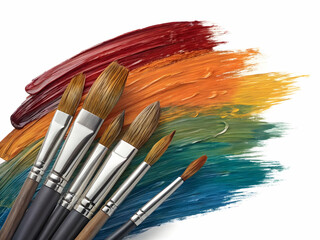Obraz premium Vibrant array of paint strokes paired with artist brushes showcasing creativity in a studio environment