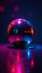 Disco ball reflecting colorful lights on a dark wall, party lights, graphic