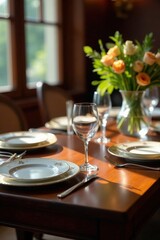 Elegant mahogany table, fine china, crystal glassware, tableware, vintage