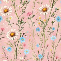 Seamless pattern with wild flower, green branch and daisies on pink background vector. Cute floral print Generative AI