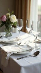 Elegant white tablecloth, fine china, silverware, crystal glasses, premium, interior