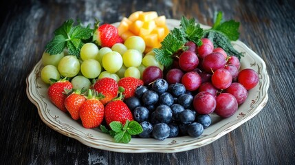 Fototapeta premium Colorful Delight: Fresh Fruit Platter with Strawberries, Grapes, Blueberries, and Cantaloupe