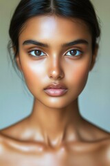 Obraz premium Close-up portrait of a young woman showcasing natural beauty and radiant skin in soft lighting